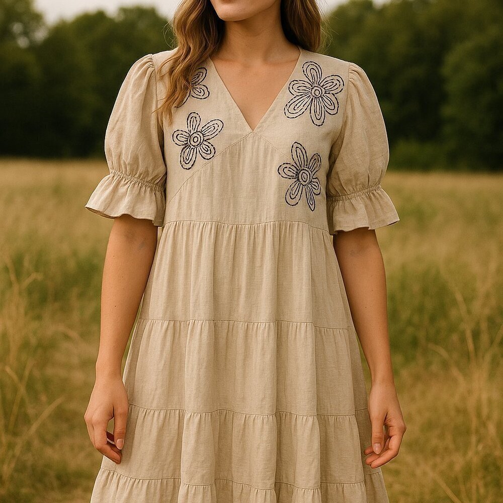 Bombay Paisley NWT Beige Embroidered Babydoll Mini Dress XS Cotton Blend